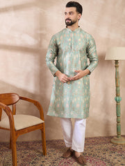 Ethnic Bay Men Green Silk Blend Floral Printed Straight Kurta-MKU2011