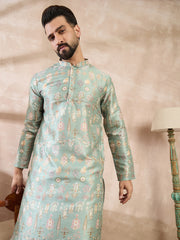 Ethnic Bay Men Green Silk Blend Floral Printed Straight Kurta-MKU2011