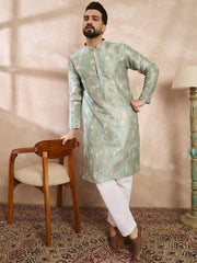 Ethnic Bay Men Green Silk Blend Floral Printed Straight Kurta-MKU2011
