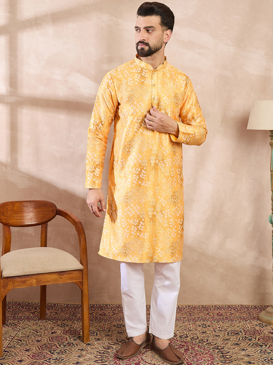 Ethnic Bay Men Yellow Silk Blend Ethnic Motifs Printed Straight Kurta