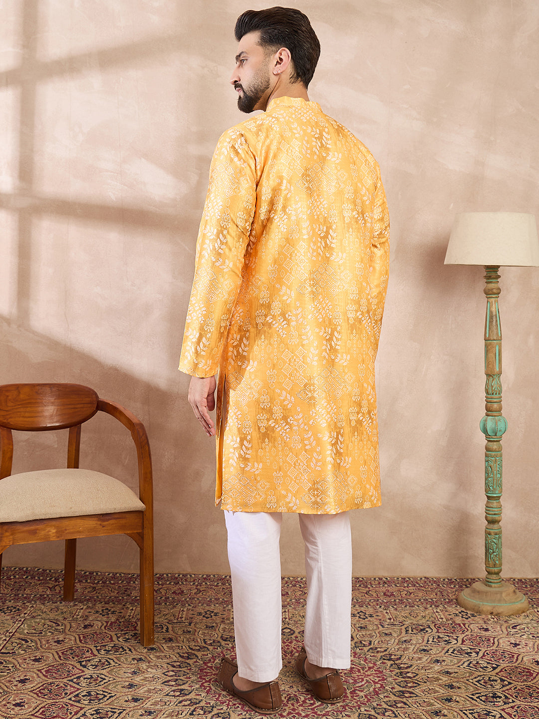 Ethnic Bay Men Yellow Silk Blend Ethnic Motifs Printed Straight Kurta