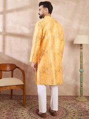 Ethnic Bay Men Yellow Silk Blend Ethnic Motifs Printed Straight Kurta-MKU2012