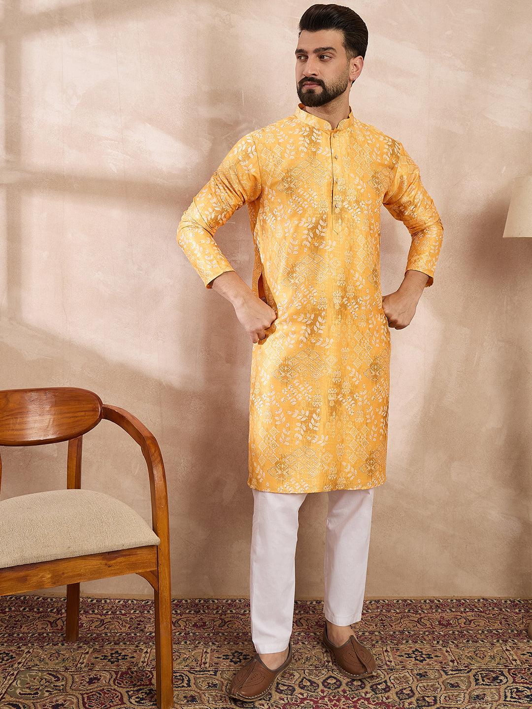 Ethnic Bay Men Yellow Silk Blend Ethnic Motifs Printed Straight Kurta