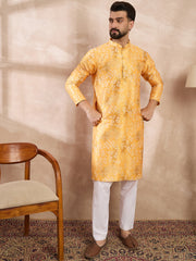 Ethnic Bay Men Yellow Silk Blend Ethnic Motifs Printed Straight Kurta-MKU2012