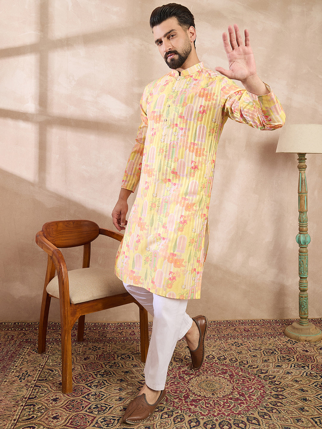 Ethnic Bay Men Yellow Silk Blend Abstract Printed Straight Kurta