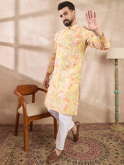 Ethnic Bay Men Yellow Silk Blend Abstract Printed Straight Kurta-MKU2013