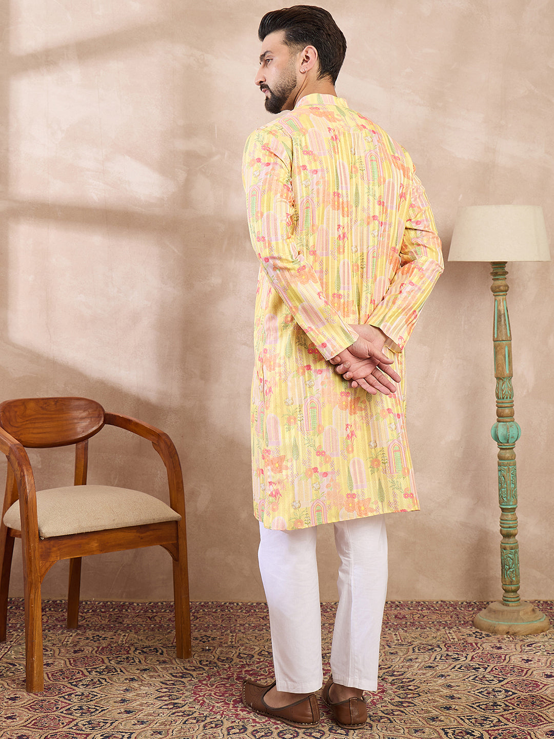 Ethnic Bay Men Yellow Silk Blend Abstract Printed Straight Kurta