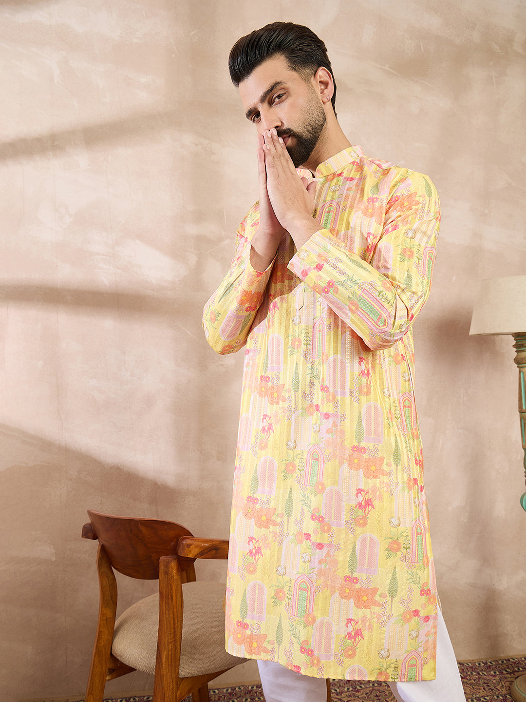Ethnic Bay Men Yellow Silk Blend Abstract Printed Straight Kurta