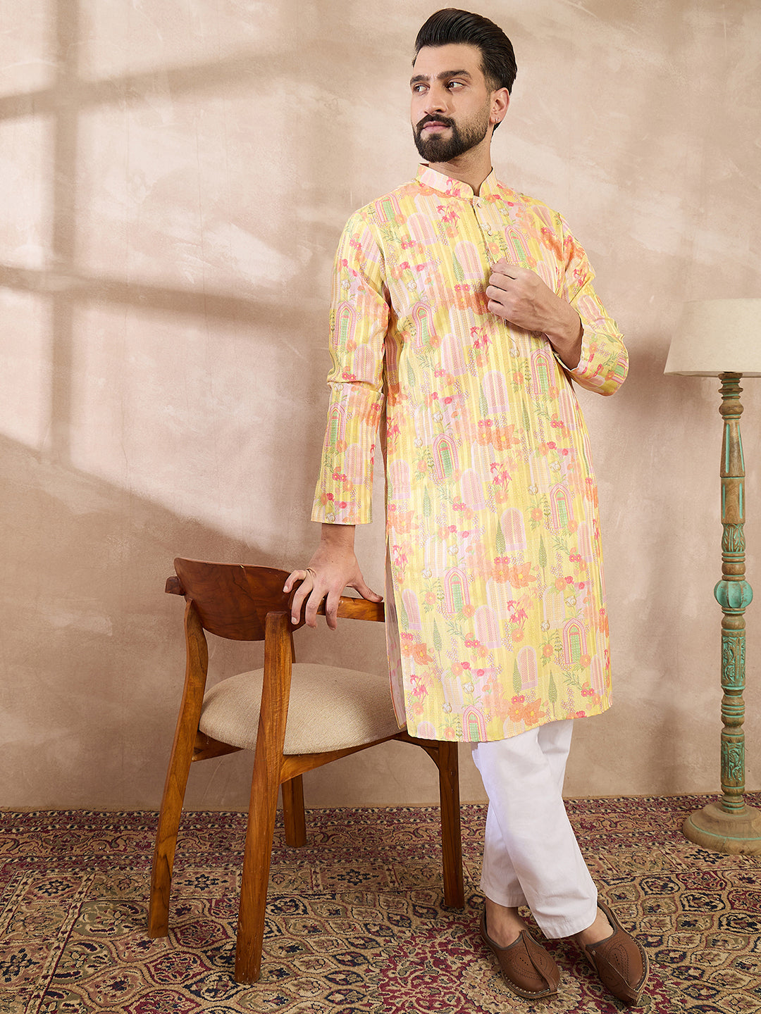Ethnic Bay Men Yellow Silk Blend Abstract Printed Straight Kurta
