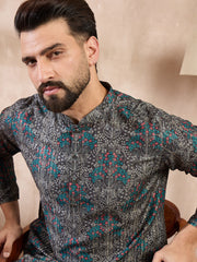Ethnic Bay Men Black Silk Blend Floral Printed Straight Kurta-MKU2015