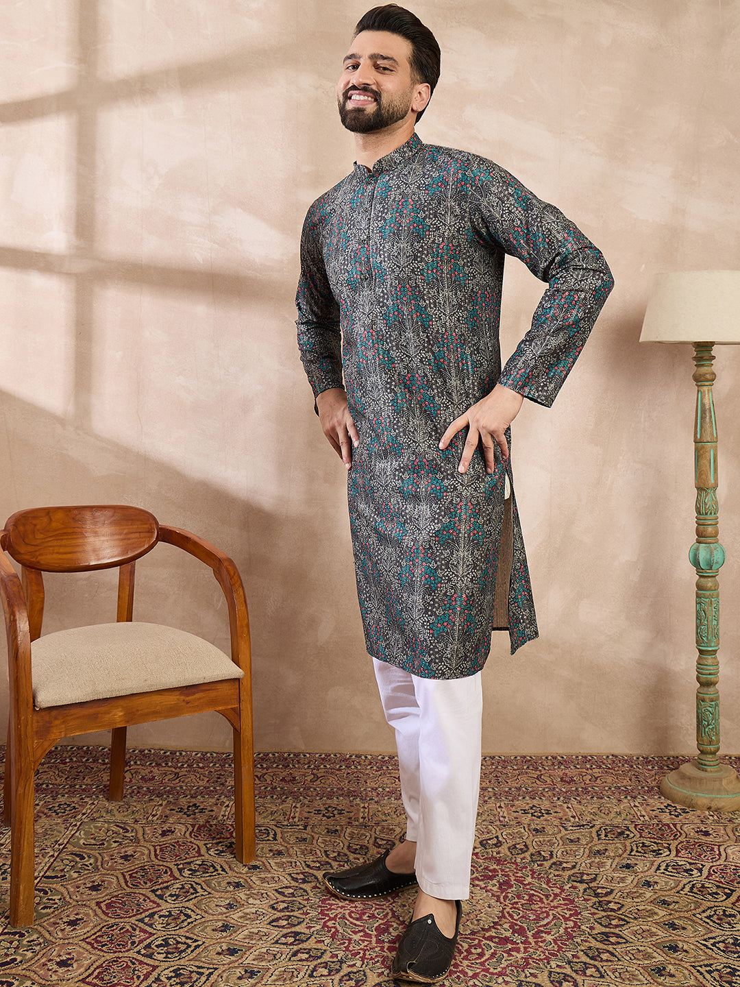 Ethnic Bay Men Black Silk Blend Floral Printed Straight Kurta