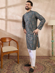 Ethnic Bay Men Black Silk Blend Floral Printed Straight Kurta-MKU2015