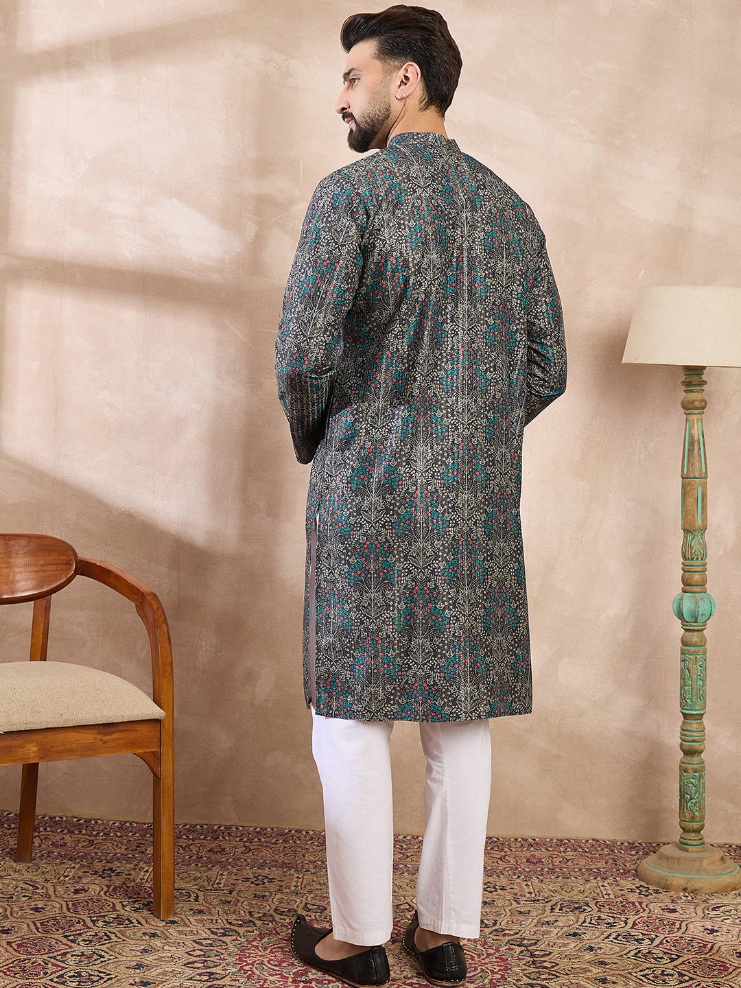 Ethnic Bay Men Black Silk Blend Floral Printed Straight Kurta