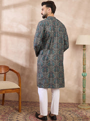 Ethnic Bay Men Black Silk Blend Floral Printed Straight Kurta-MKU2015