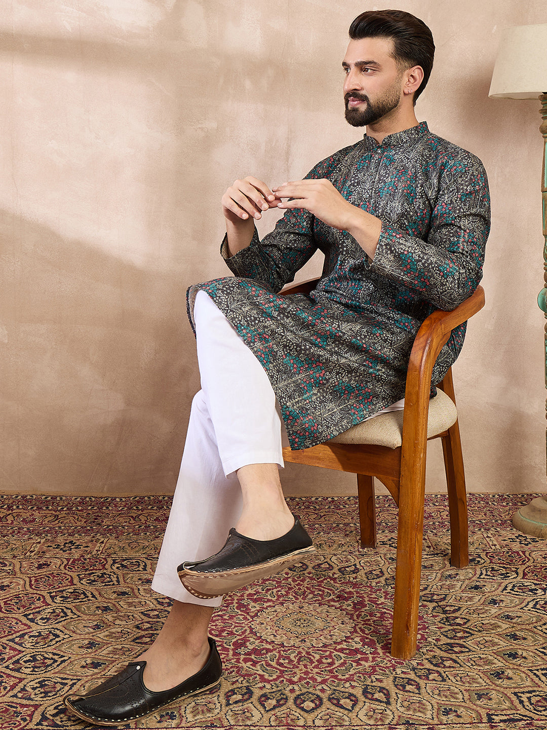 Ethnic Bay Men Black Silk Blend Floral Printed Straight Kurta