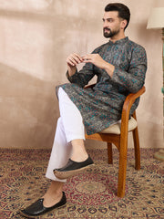 Ethnic Bay Men Black Silk Blend Floral Printed Straight Kurta-MKU2015