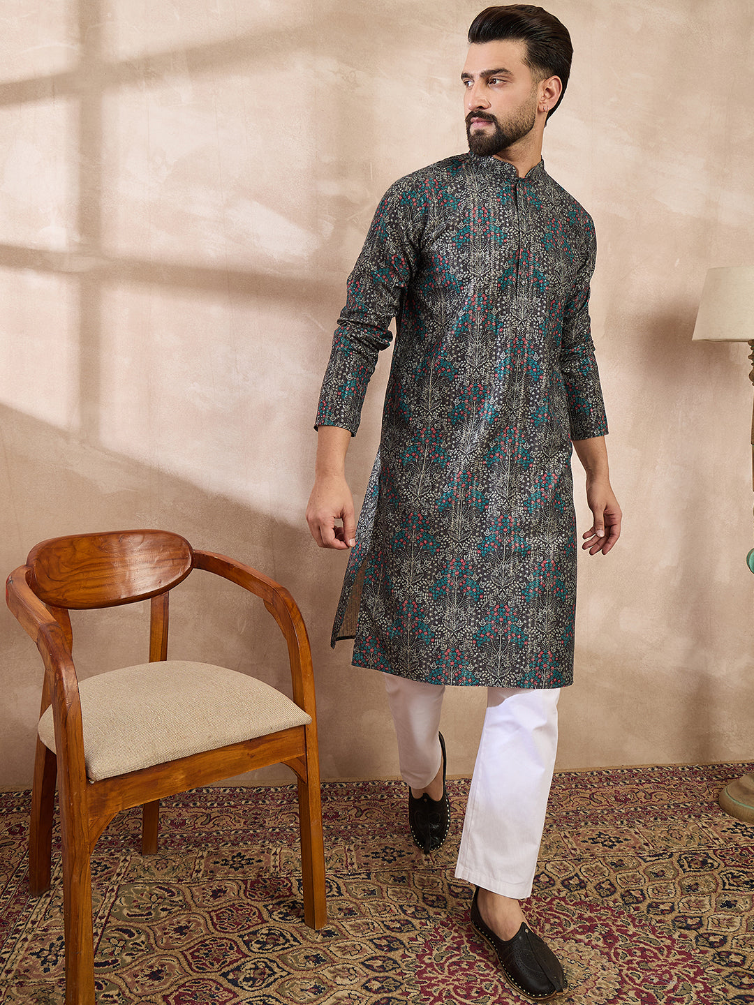 Ethnic Bay Men Black Silk Blend Floral Printed Straight Kurta