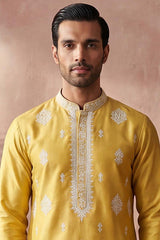 Yellow Silk Blend Solid Embroidered Kurta With Trouser MKSET2044