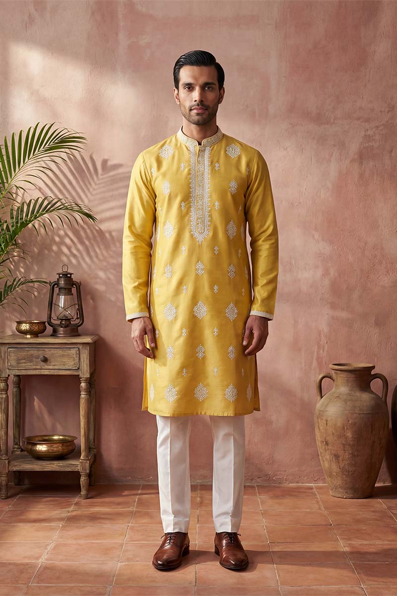 Yellow Silk Blend Solid Embroidered Kurta With Trouser MKSET2044