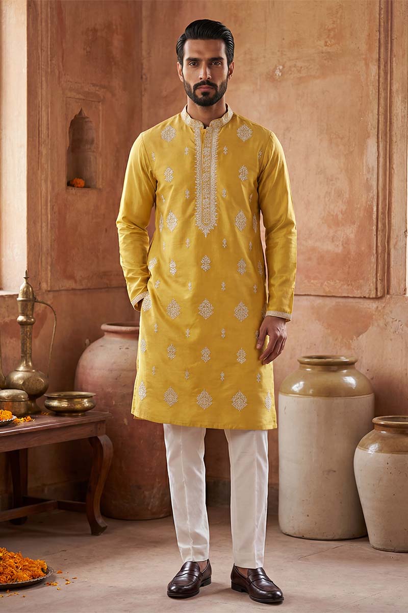 Yellow Silk Blend Solid Embroidered Kurta With Trouser MKSET2044