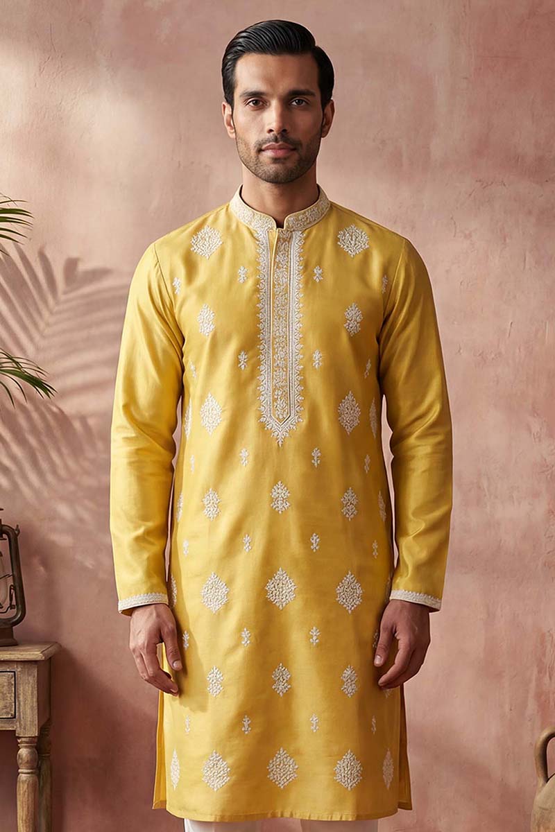 Yellow Silk Blend Solid Embroidered Kurta With Trouser MKSET2044