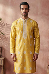 Yellow Silk Blend Solid Embroidered Kurta MKU2044