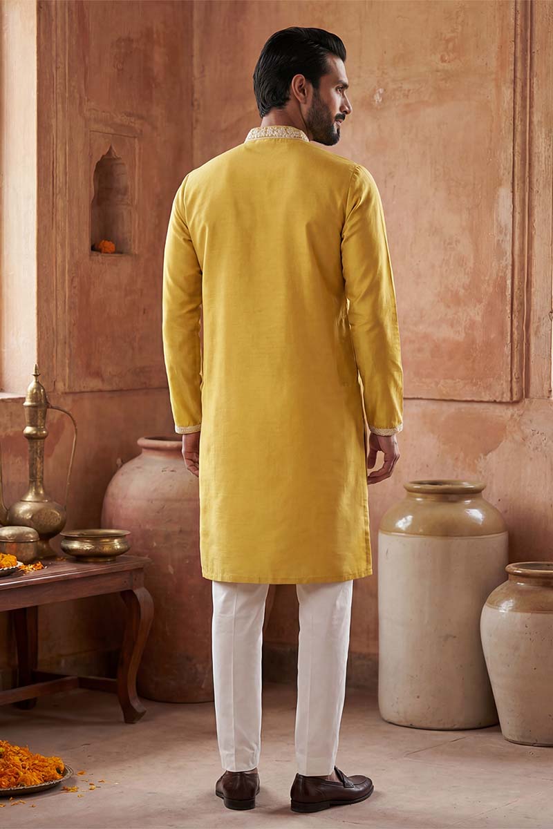 Yellow Silk Blend Solid Embroidered Kurta MKU2044