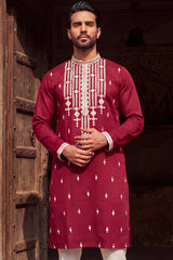 Maroon Silk Blend Embroidered Straight Kurta With Trousers MKSET2049