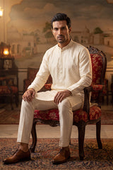 Off White Silk Blend Embroidered Straight Kurta Sets MKSET2082