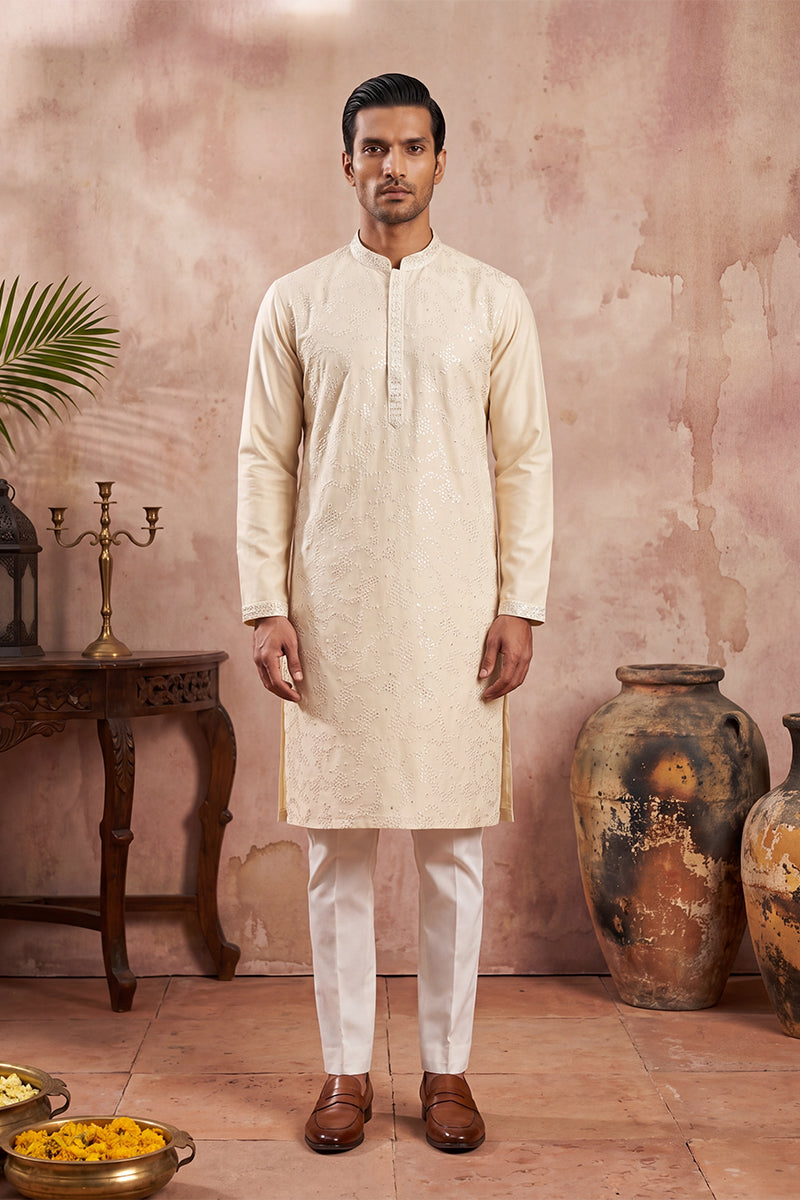 Off White Silk Blend Embroidered Straight Kurta MKU2129