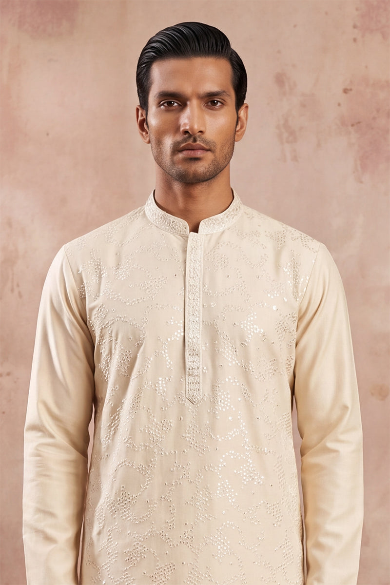 Off White Silk Blend Embroidered Straight Kurta Sets MKSET2129