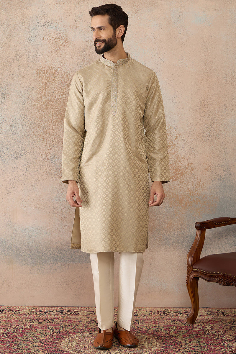 Olive Jacquard Ethnic Motifs Embroidered Kurta MKU2322
