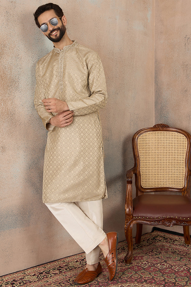 Olive Jacquard Ethnic Motifs Embroidered Kurta MKU2322