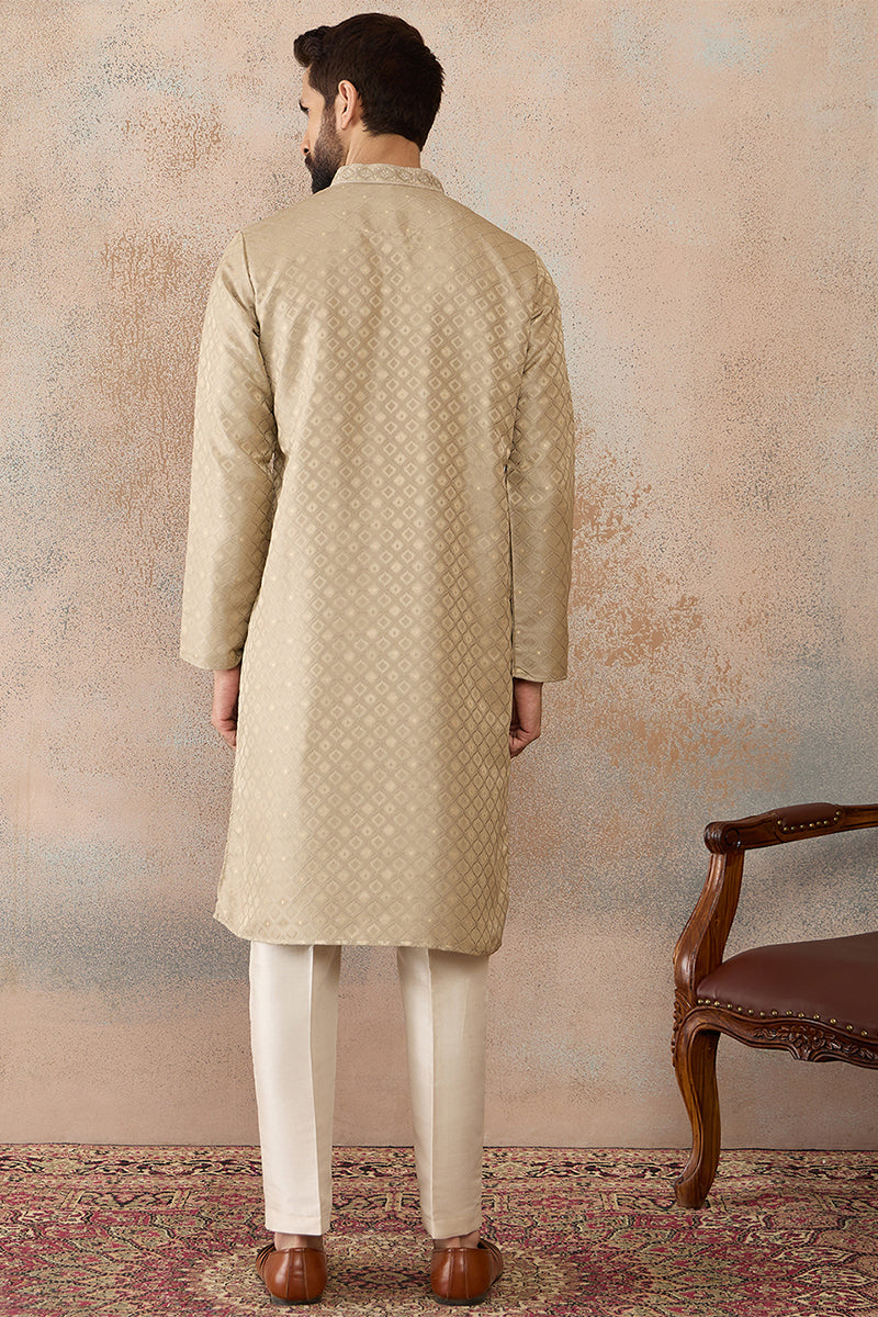 Olive Jacquard Ethnic Motifs Embroidered Kurta MKU2322