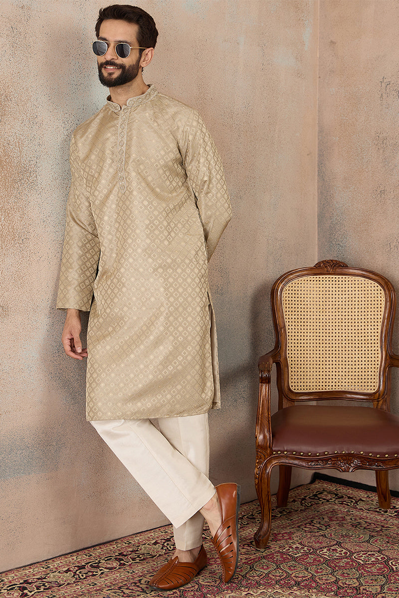 Olive Jacquard Ethnic Motifs Embroidered Kurta MKU2322