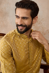 Yellow Jacquard Ethnic Motifs Embroidered Kurta MKU2327