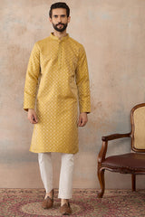 Yellow Jacquard Ethnic Motifs Embroidered Kurta MKU2327