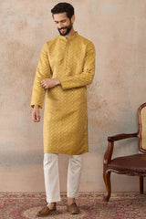 Yellow Jacquard Ethnic Motifs Embroidered Kurta With Trouser MKSET2327