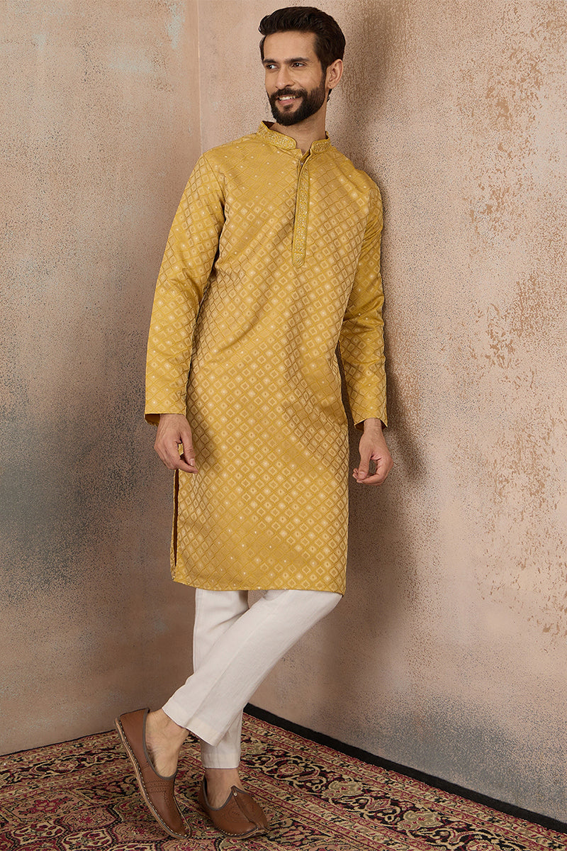 Yellow Jacquard Ethnic Motifs Embroidered Kurta MKU2327