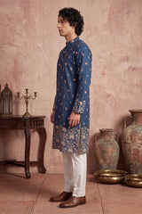 Blue Silk Blend Woven Design Calf Length Straight Regular Kurta With Trouser MKSET2356