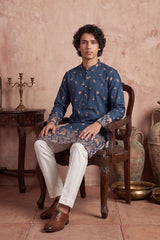 Blue Silk Blend Woven Design Calf Length Straight Regular Kurta MKU2356