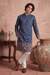 Blue Silk Blend Woven Design Calf Length Straight Regular Kurta With Trouser MKSET2356