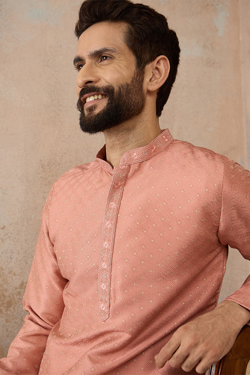 Peach Silk Blend Embroidered Mandarin Collar Straight Kurta with Trousers  MKSET2363