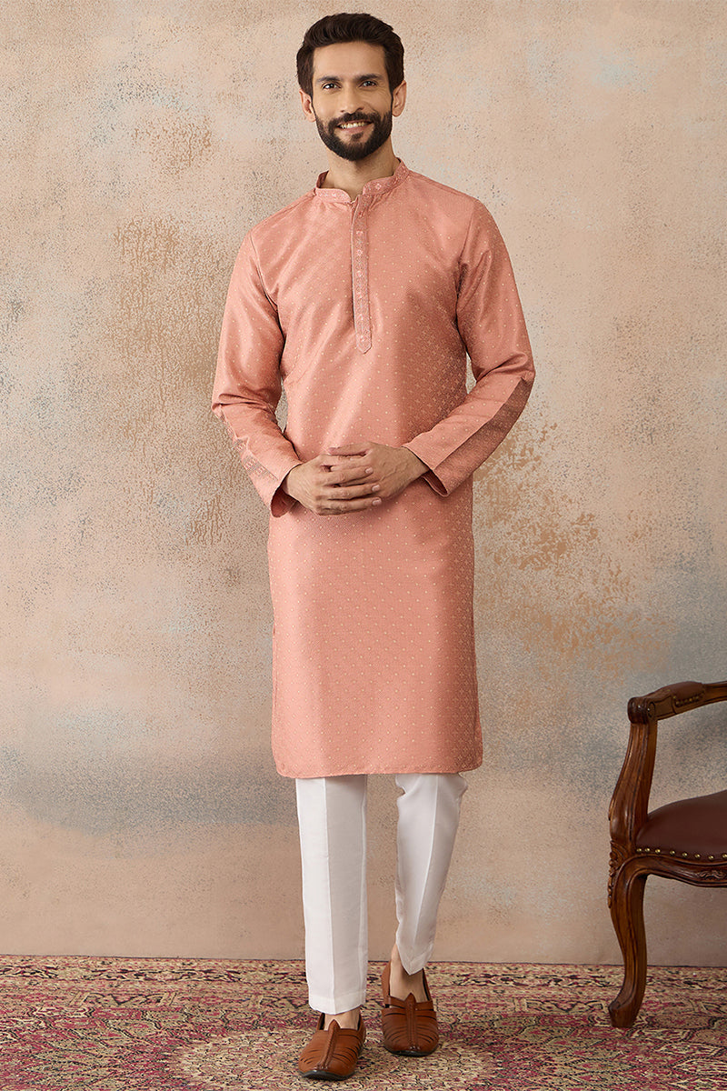 Peach Silk Blend Embroidered Mandarin Collar Straight Kurta with Trousers  MKSET2363
