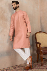 Peach Silk Blend Embroidered Mandarin Collar Straight Kurta MKU2363