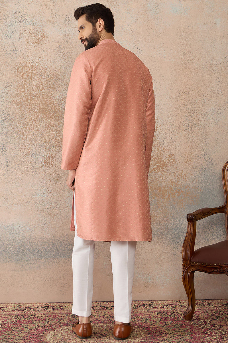 Peach Silk Blend Embroidered Mandarin Collar Straight Kurta MKU2363