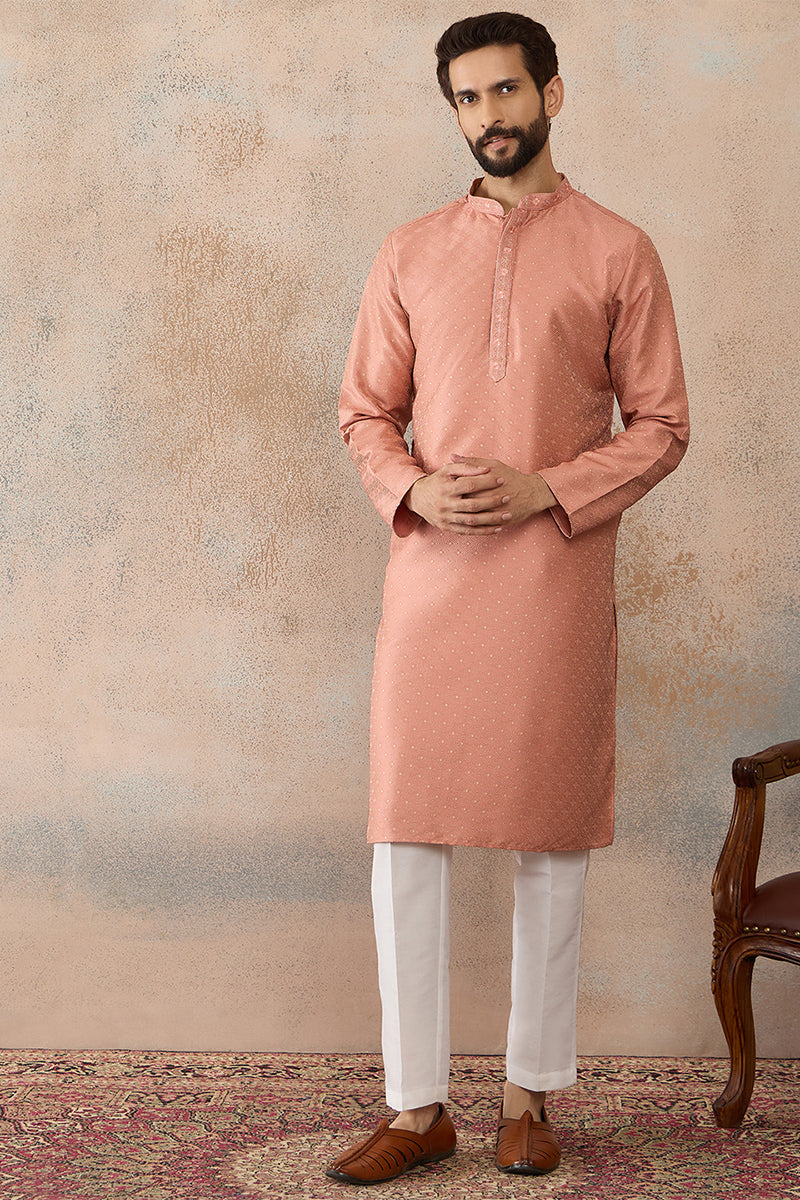 Peach Silk Blend Embroidered Mandarin Collar Straight Kurta MKU2363