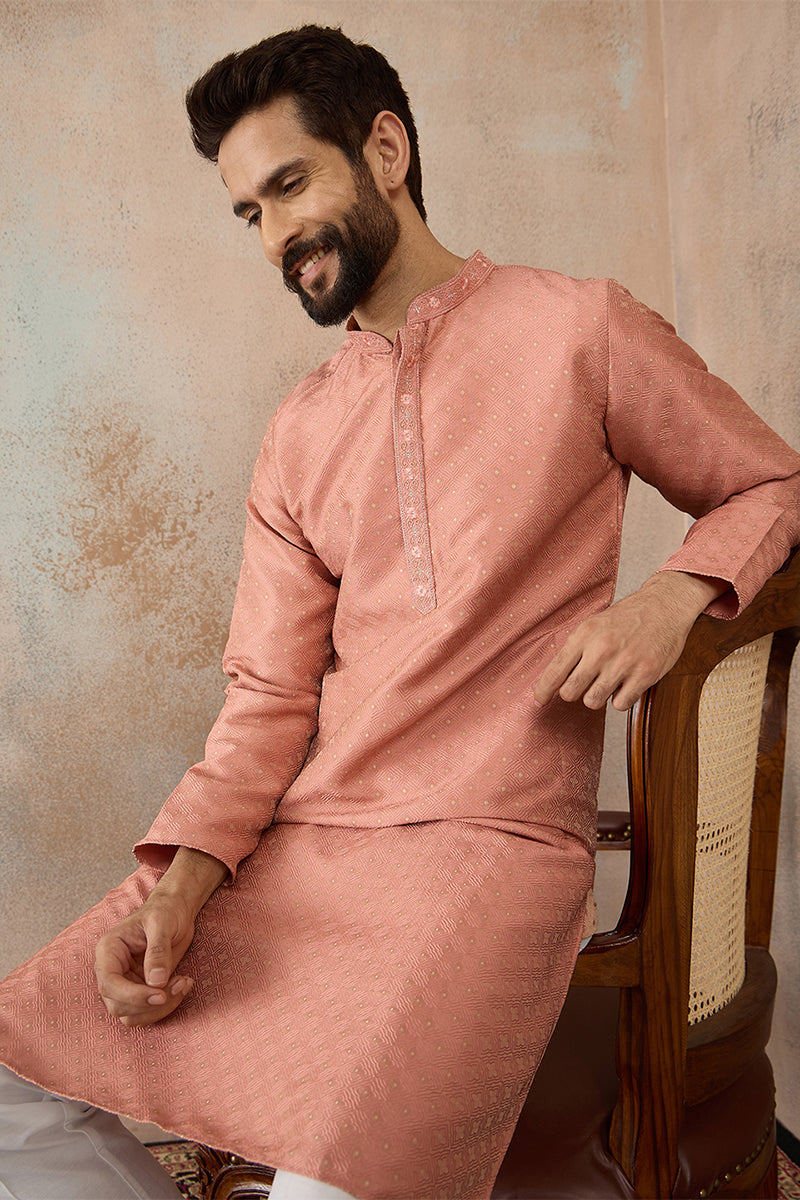Peach Silk Blend Embroidered Mandarin Collar Straight Kurta with Trousers  MKSET2363