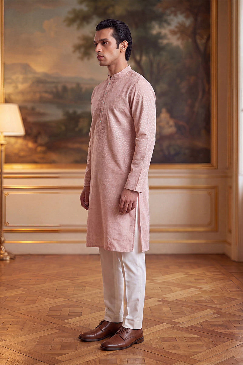 Peach Linen Geometric Embroidered Kurta MKU2366