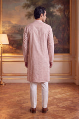 Peach Linen Geometric Embroidered Kurta With Trouser MKSET2366